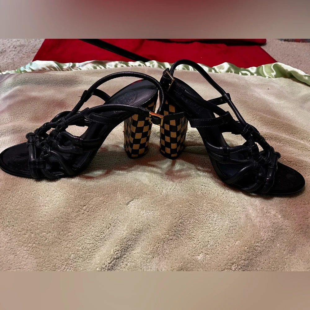 Tory Burch Black and Tan Strappy Block Heels - Picture 11 of 15
